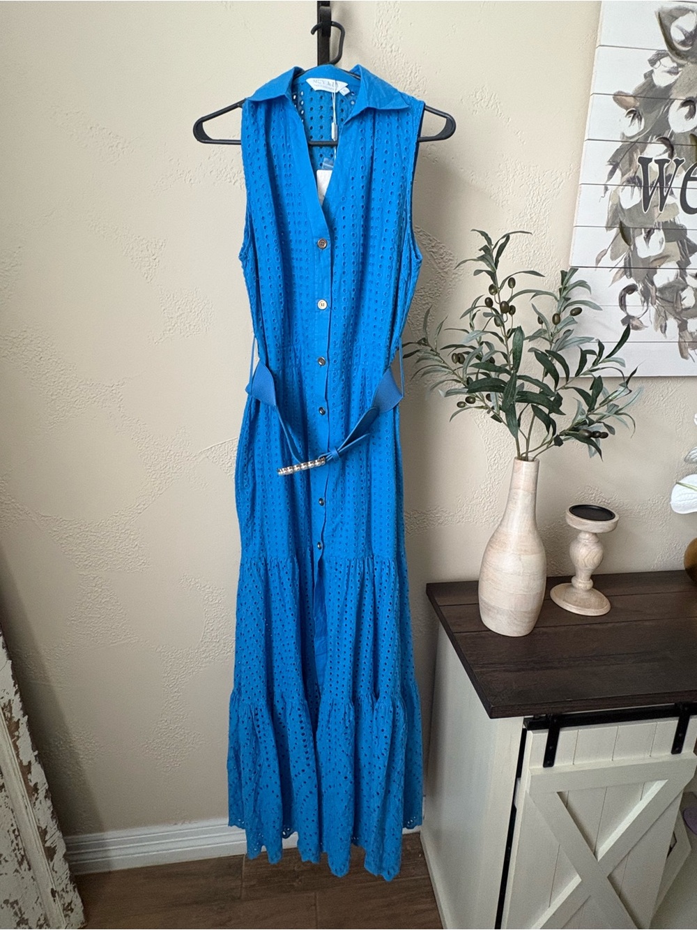Sleeveless Eyelet Button-Front Maxi Dress in Bright Blue with Tie Waist
